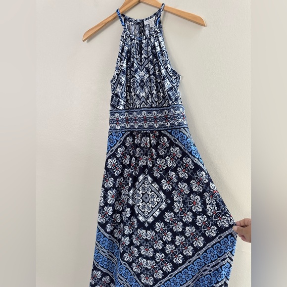 London Style Blue White Sleeveless Grecian Maxi Formal Party Dress - Picture 4 of 9